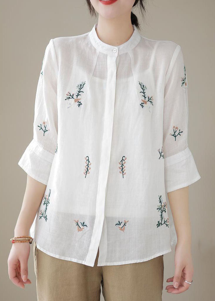 White Patchwork Linen Blouses Embroideried Stand Collar Summer LY4035 - fabuloryshop