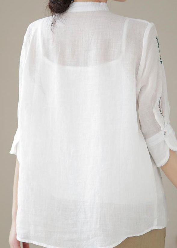 White Patchwork Linen Blouses Embroideried Stand Collar Summer LY4035 - fabuloryshop