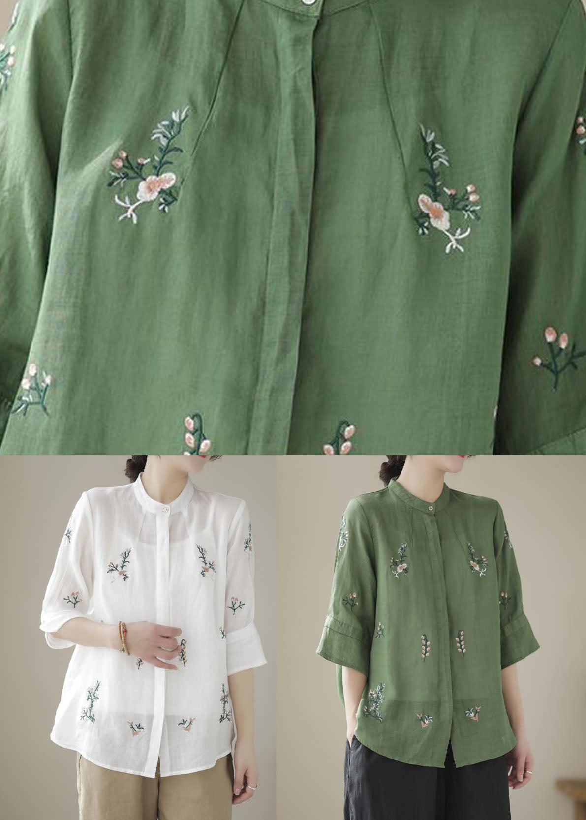 White Patchwork Linen Blouses Embroideried Stand Collar Summer LY4035 - fabuloryshop