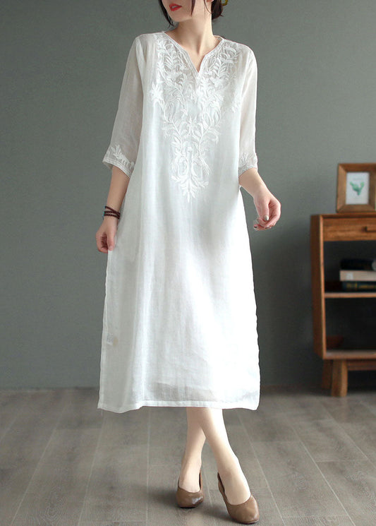 White Patchwork Linen Dresses V Neck Embroideried Bracelet Sleeve LY6248 - fabuloryshop