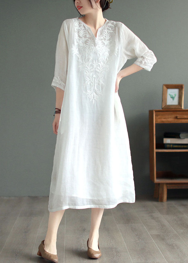 White Patchwork Linen Dresses V Neck Embroideried Bracelet Sleeve LY6248 - fabuloryshop