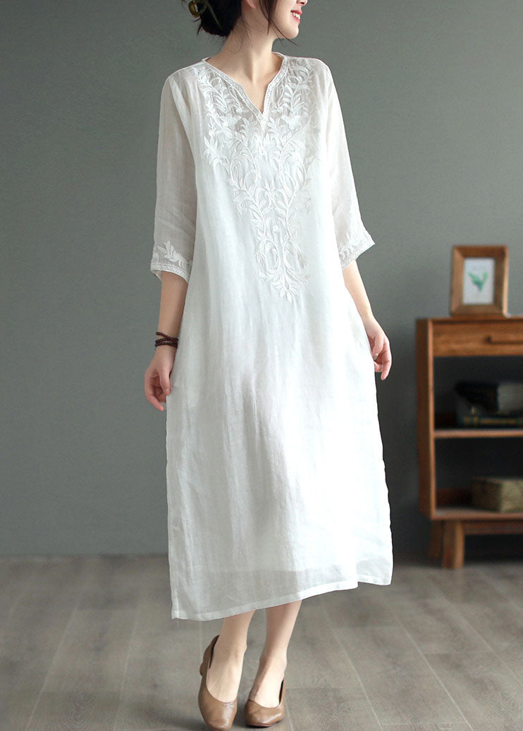 White Patchwork Linen Dresses V Neck Embroideried Bracelet Sleeve LY6248 - fabuloryshop