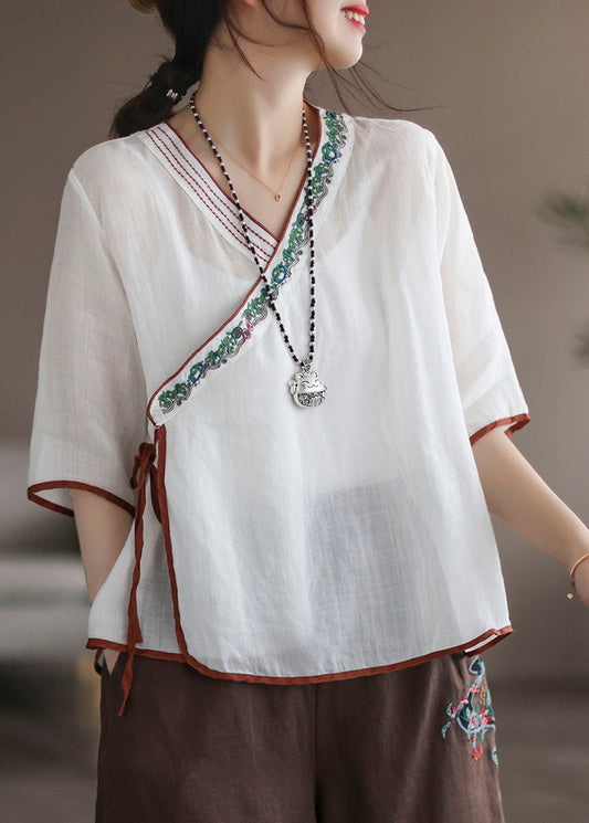 White Patchwork Linen Shirt Embroideried Lace Up Half Sleeve Ada Fashion