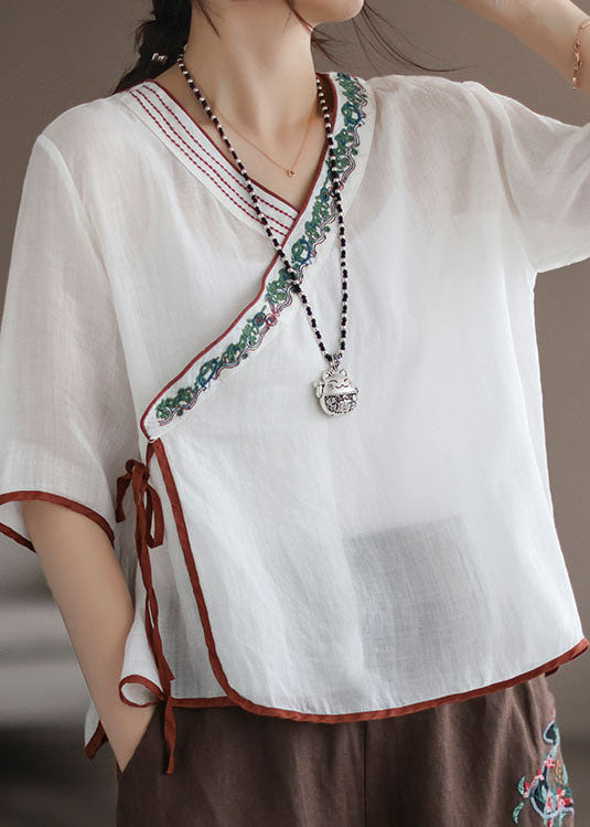 White Patchwork Linen Shirt Embroideried Lace Up Half Sleeve Ada Fashion