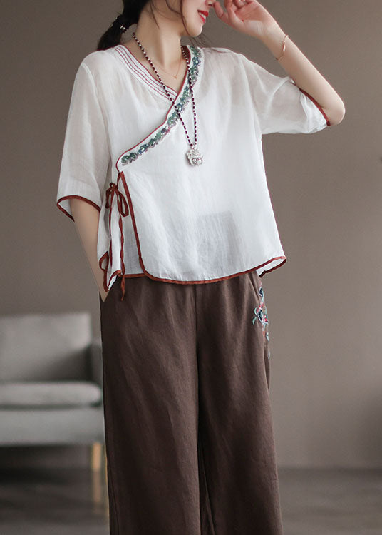 White Patchwork Linen Shirt Embroideried Lace Up Half Sleeve Ada Fashion