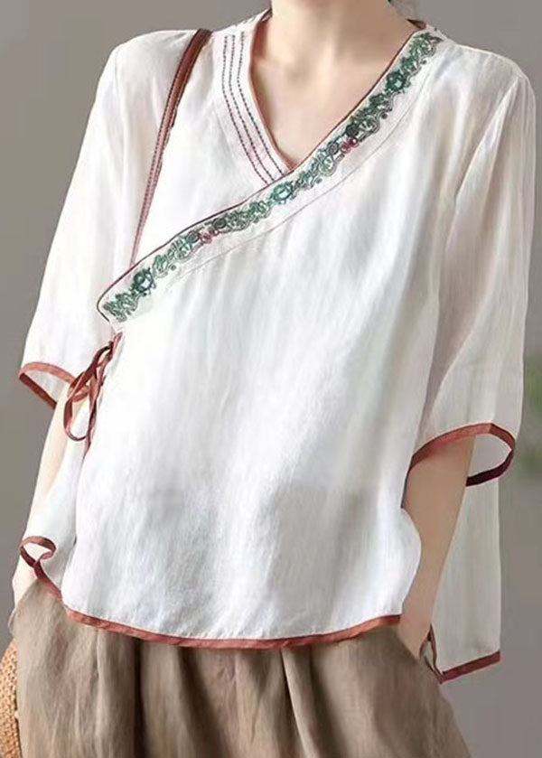 White Patchwork Linen Shirt Embroideried Lace Up Half Sleeve Ada Fashion