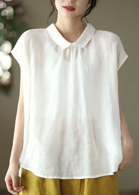 White Patchwork Linen Shirt Tops Peter Pan Collar Button Summer Ada Fashion