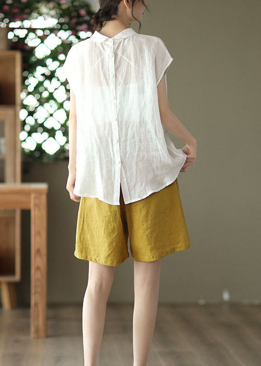 White Patchwork Linen Shirt Tops Peter Pan Collar Button Summer Ada Fashion