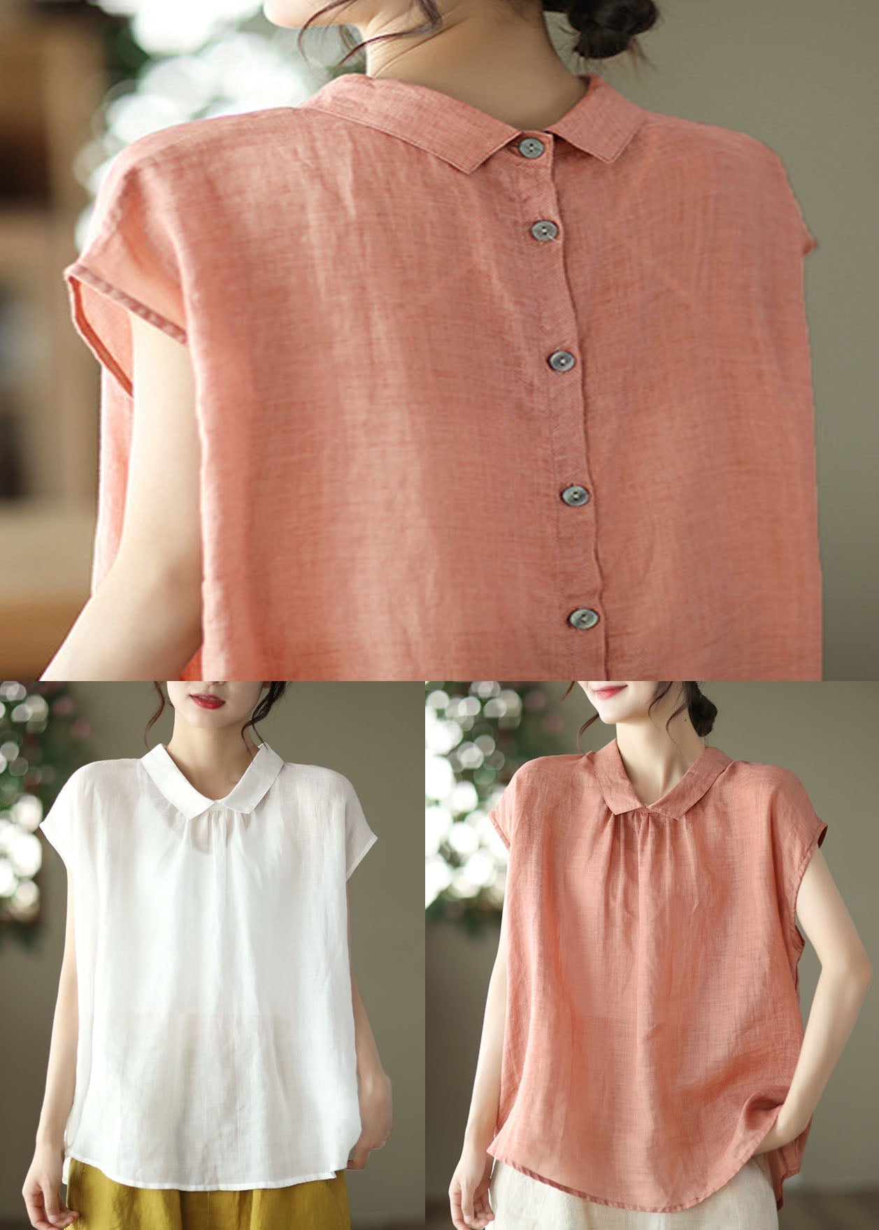 White Patchwork Linen Shirt Tops Peter Pan Collar Button Summer Ada Fashion