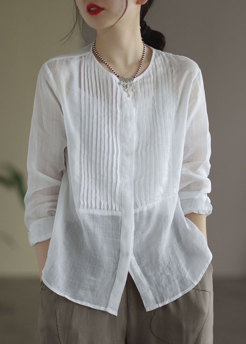 White Patchwork Linen Shirt Wrinkled Button Long Sleeve LY666 - fabuloryshop