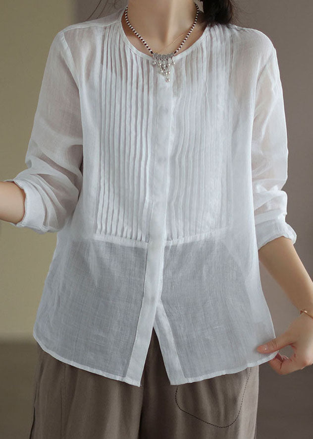 White Patchwork Linen Shirt Wrinkled Button Long Sleeve LY666 - fabuloryshop