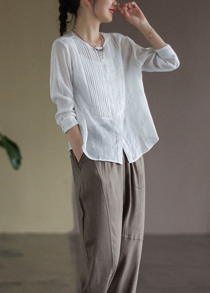 White Patchwork Linen Shirt Wrinkled Button Long Sleeve LY666 - fabuloryshop