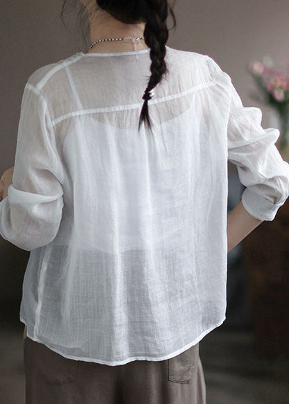 White Patchwork Linen Shirt Wrinkled Button Long Sleeve LY666 - fabuloryshop