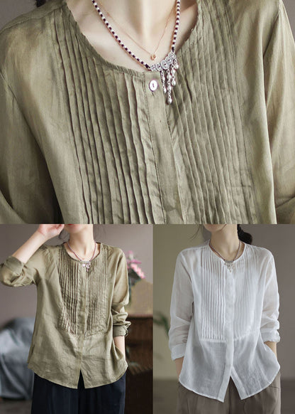 White Patchwork Linen Shirt Wrinkled Button Long Sleeve LY666 - fabuloryshop