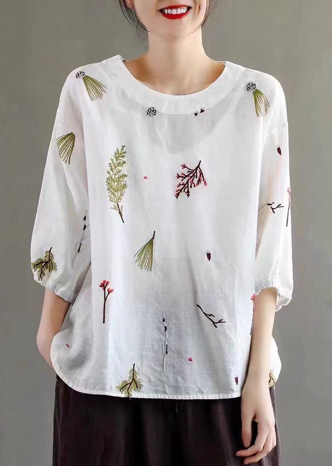 White Patchwork Linen T Shirt Tops Embroideried Lantern Sleeve LY5102 - fabuloryshop