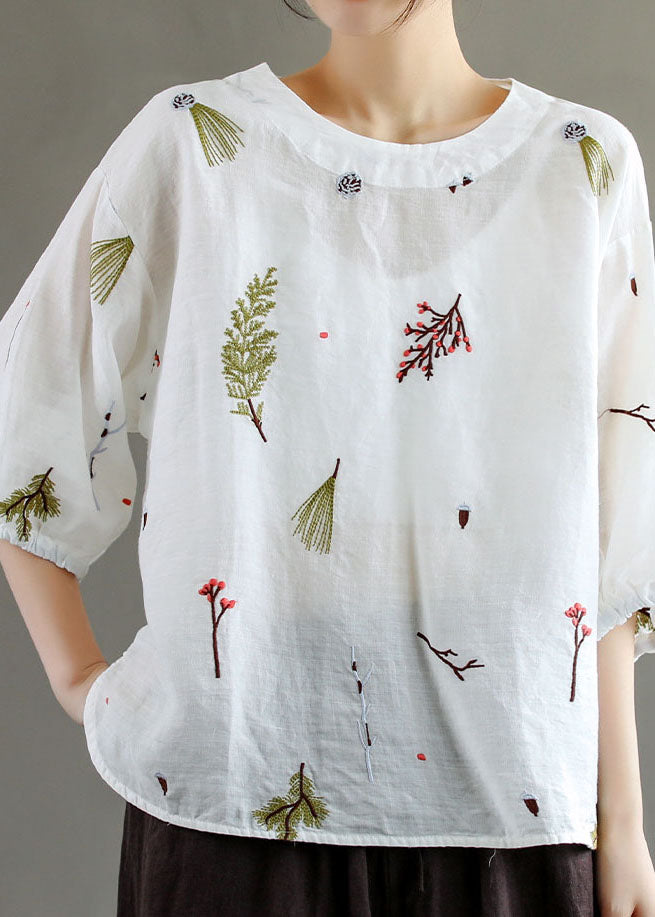 White Patchwork Linen T Shirt Tops Embroideried Lantern Sleeve LY5102 - fabuloryshop