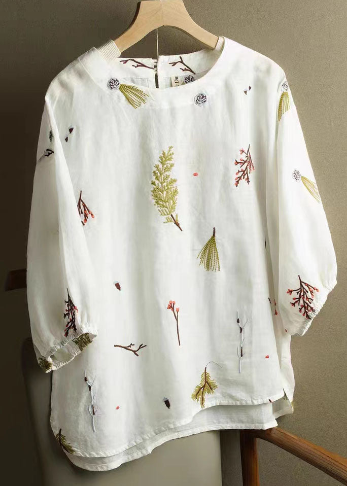 White Patchwork Linen T Shirt Tops Embroideried Lantern Sleeve LY5102 - fabuloryshop