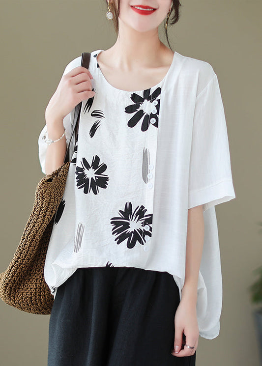 White Patchwork Linen Tank Tops Oversized Print Summer LY4912 - fabuloryshop