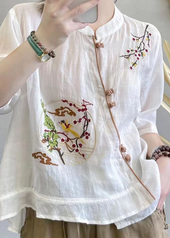 White Patchwork Linen Tops Embroideried Stand Collar Summer Ada Fashion