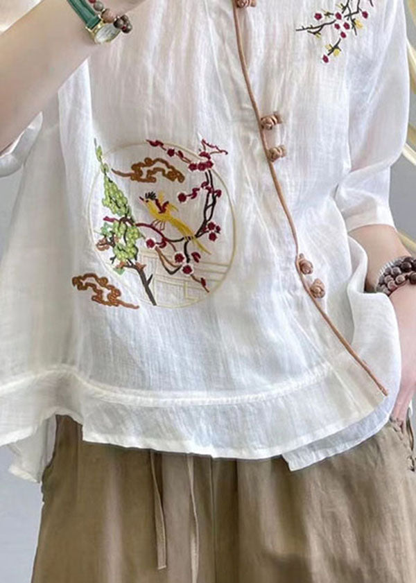 White Patchwork Linen Tops Embroideried Stand Collar Summer Ada Fashion