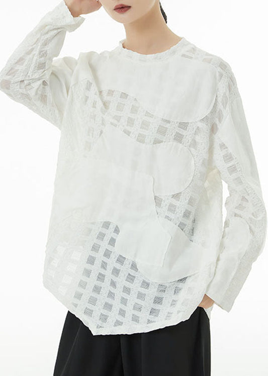 White Patchwork Plaid Cotton Shirts Hollow Out Spring TS1052 - fabuloryshop