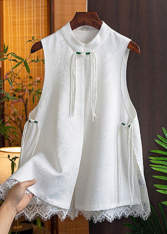 White Patchwork Silk Beach Vest Jacquard Stand Collar Sleeveless LY1716 - fabuloryshop