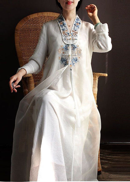 White Patchwork Silk Dress Tasseled Embroideried Spring LY1667 - fabuloryshop