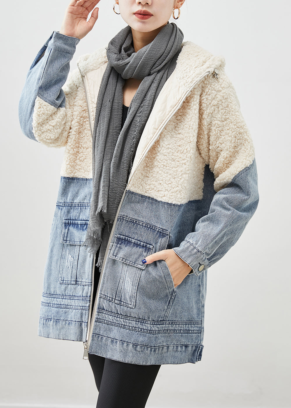 White Patchwork Woolen Fine Cotton Filled Puffers Jackets Hooded Winter Ada Fashion