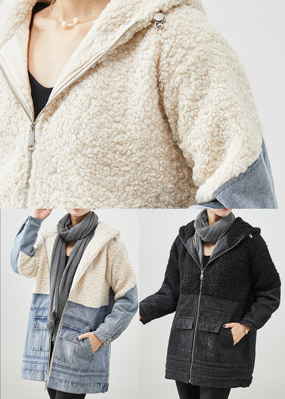 White Patchwork Woolen Fine Cotton Filled Puffers Jackets Hooded Winter Ada Fashion