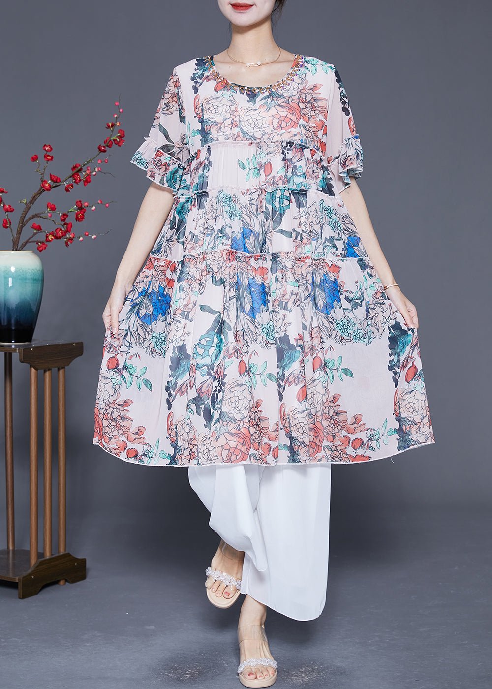 White Print Chiffon Vacation Dresses Ruffled Summer LY5529 - fabuloryshop