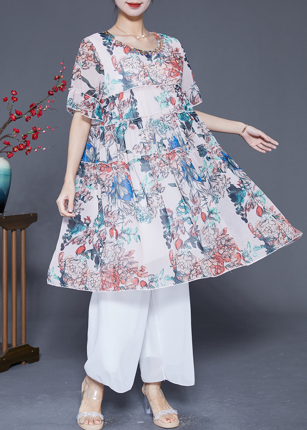 White Print Chiffon Vacation Dresses Ruffled Summer LY5529 - fabuloryshop