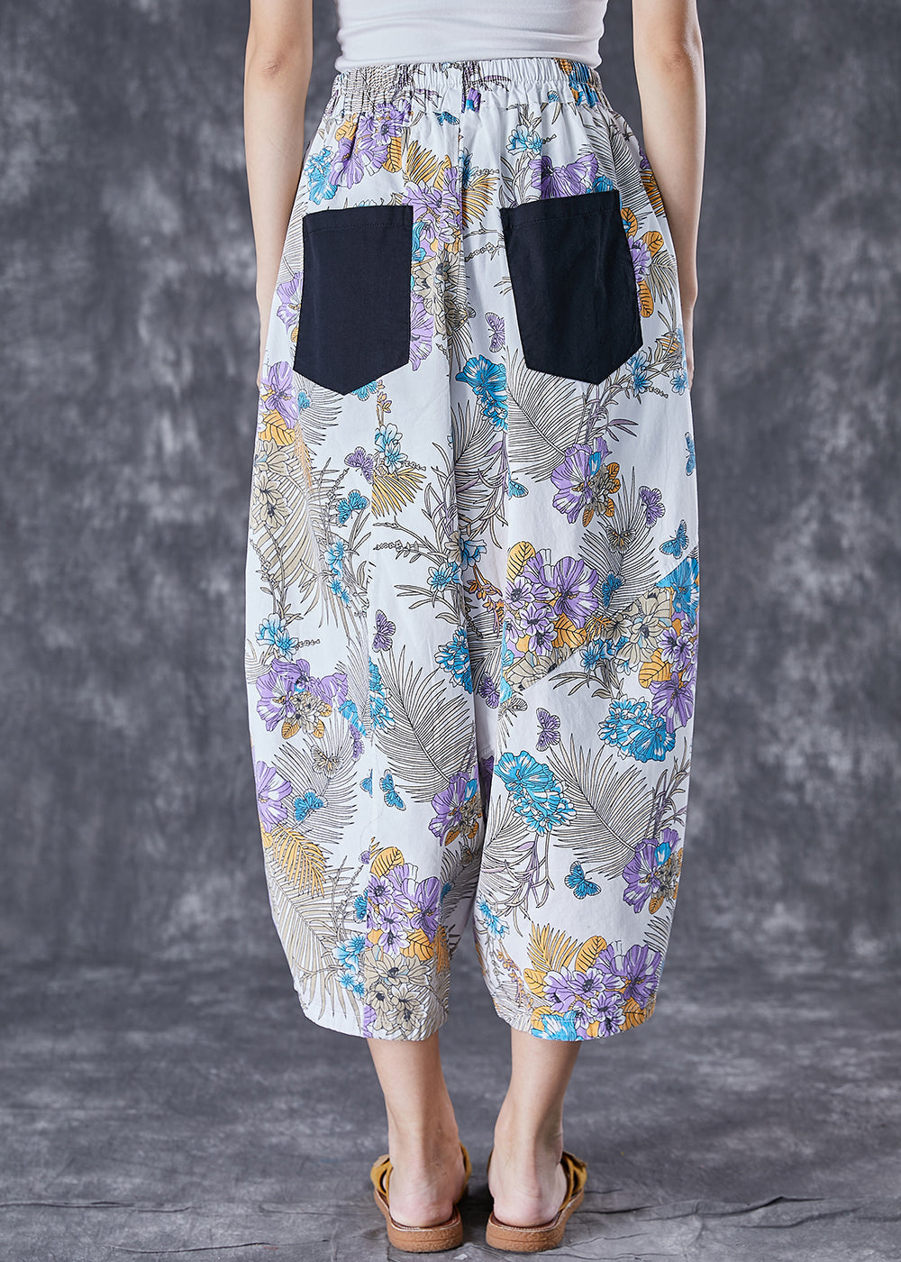 White Print Cotton Harem Pants Oversized Pockets Summer Ada Fashion