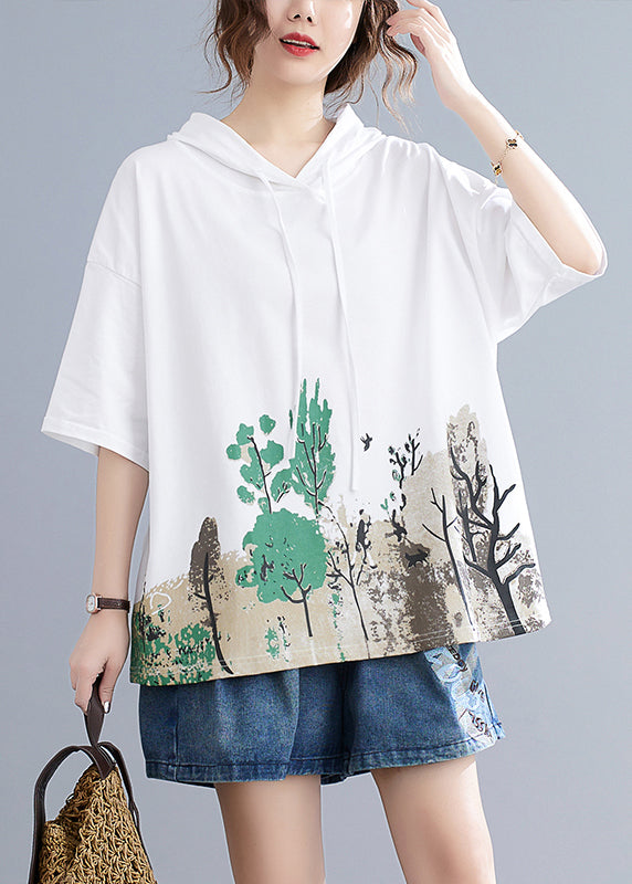 White Print Cotton Sweatshirts Top Hooded Oversized Summer LY7307 - fabuloryshop