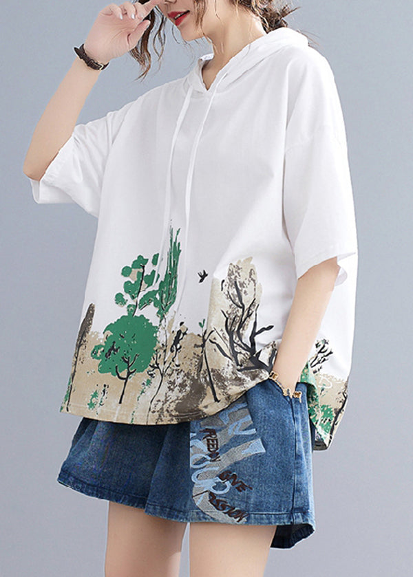 White Print Cotton Sweatshirts Top Hooded Oversized Summer LY7307 - fabuloryshop