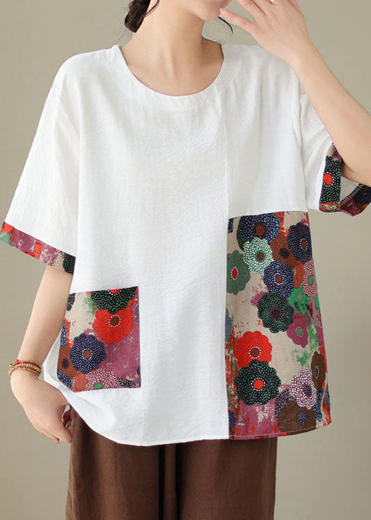 White Print Patchwork Cotton T Shirt Top O Neck Short Sleeve LY3991 - fabuloryshop