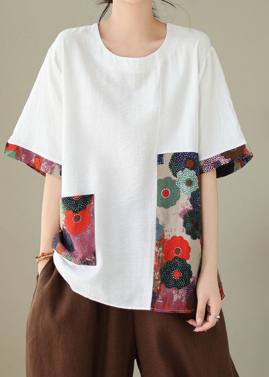 White Print Patchwork Cotton T Shirt Top O Neck Short Sleeve LY3991 - fabuloryshop