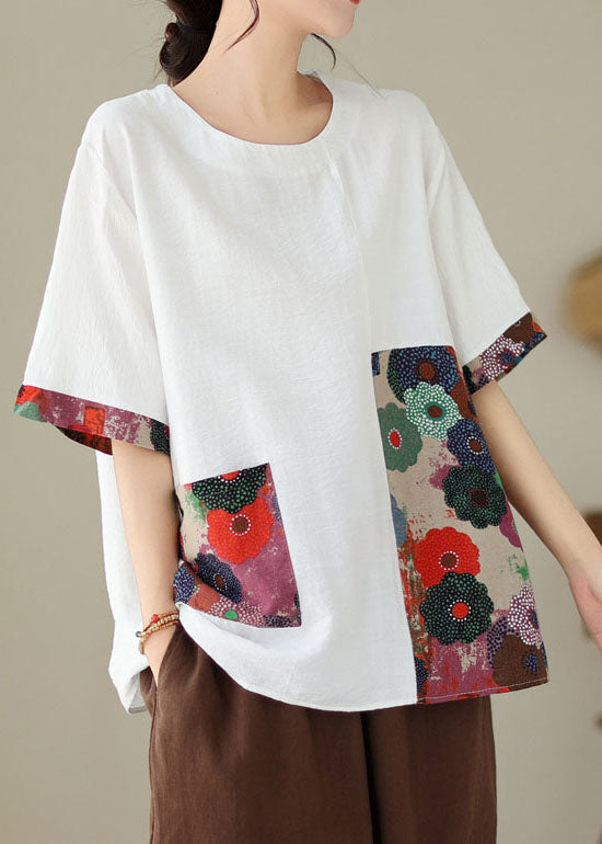 White Print Patchwork Cotton T Shirt Top O Neck Short Sleeve LY3991 - fabuloryshop