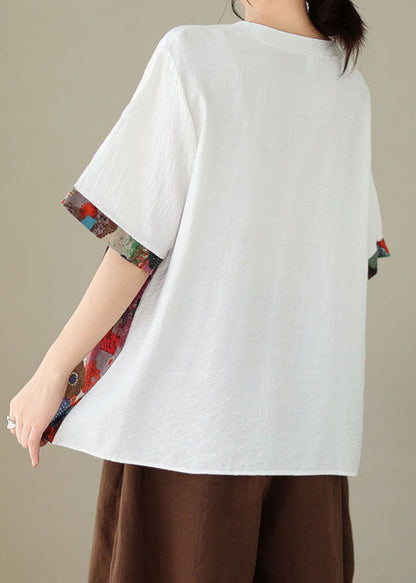 White Print Patchwork Cotton T Shirt Top O Neck Short Sleeve LY3991 - fabuloryshop