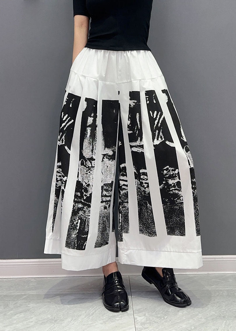 White Print Patchwork Cotton Wide Leg Pants Wrinkled Spring LY0571 - fabuloryshop