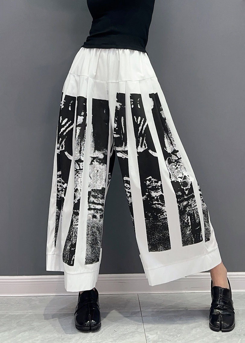 White Print Patchwork Cotton Wide Leg Pants Wrinkled Spring LY0571 - fabuloryshop