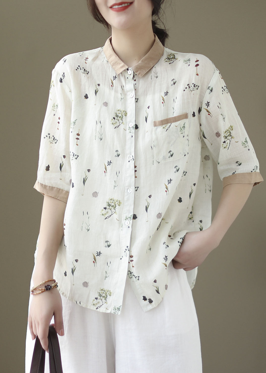 White Print Patchwork Linen Blouses Peter Pan Collar Summer LY5062 - fabuloryshop