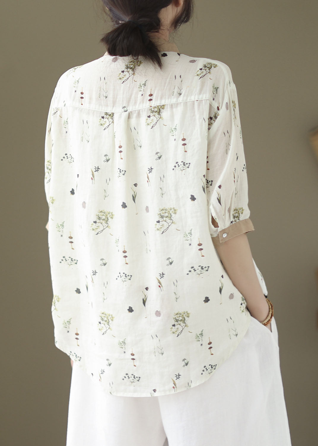 White Print Patchwork Linen Blouses Peter Pan Collar Summer LY5062 - fabuloryshop