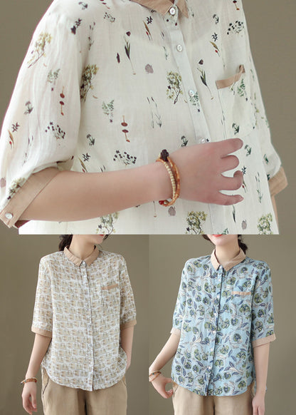 White Print Patchwork Linen Blouses Peter Pan Collar Summer LY5062 - fabuloryshop