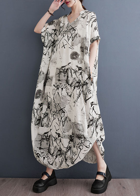 White Print Patchwork Long Cotton Dress V Neck Short Sleeve LY3957 - fabuloryshop