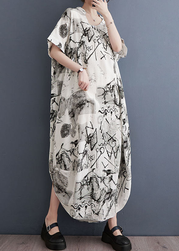 White Print Patchwork Long Cotton Dress V Neck Short Sleeve LY3957 - fabuloryshop