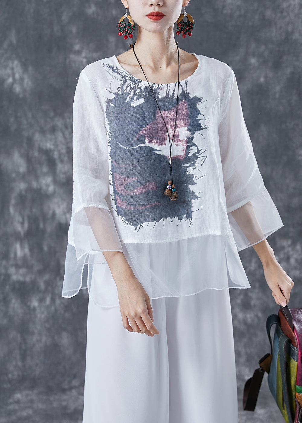 White Print Patchwork Organza Linen Shirt Top Bracelet Sleeve LY4034 - fabuloryshop