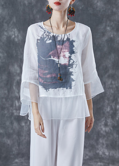 White Print Patchwork Organza Linen Shirt Top Bracelet Sleeve LY4034 - fabuloryshop