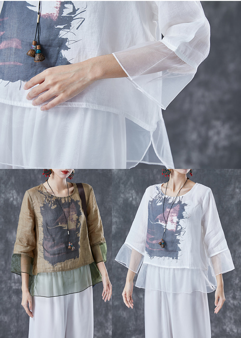 White Print Patchwork Organza Linen Shirt Top Bracelet Sleeve LY4034 - fabuloryshop