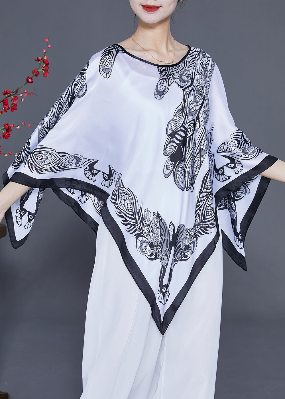 White Print Silk Scarf O-Neck Draping LY2410 - fabuloryshop