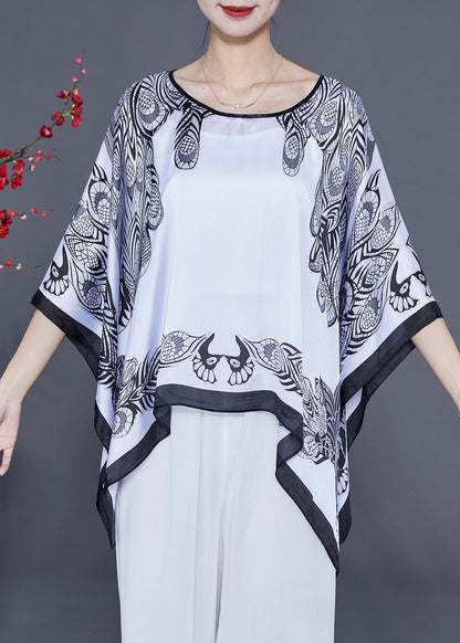 White Print Silk Scarf O-Neck Draping LY2410 - fabuloryshop